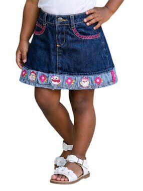 Gymboree Toddler Size 2T Skirt Denim Owl Flower Hem Embroidery Elastic Waistband
